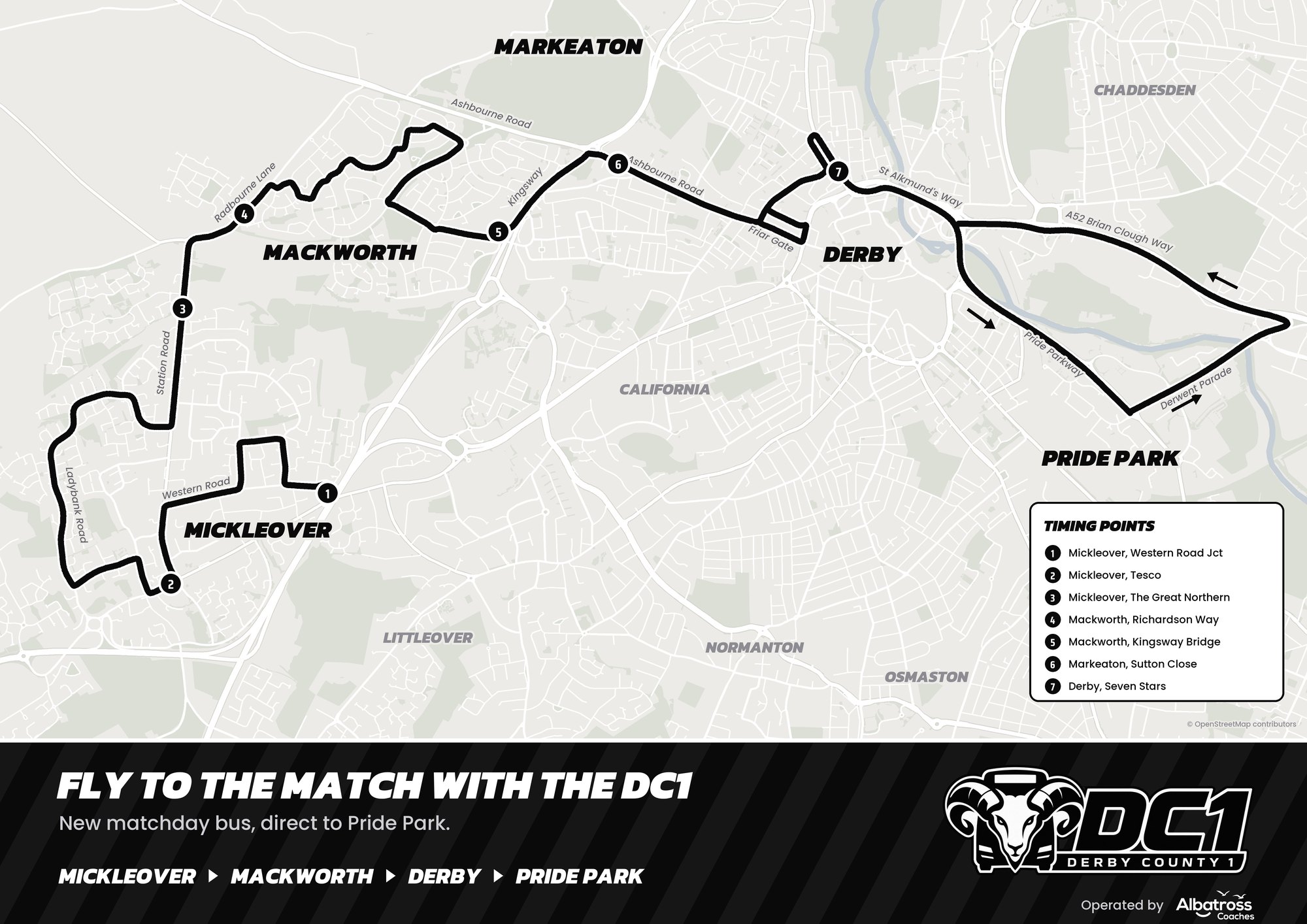 DC1 route map: Mickleover, Mackworth, Ashbourne Road, Friar Gate and Derby city centre, then St Alkmund's Way and Pride Parkway to Pride Park Stadium, with the seven main stops numbered
