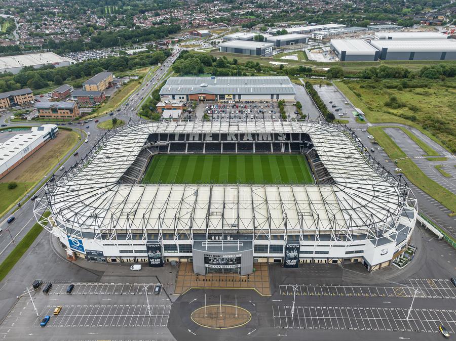 Aerial view of Pride Park Stadium and the surrounding business park